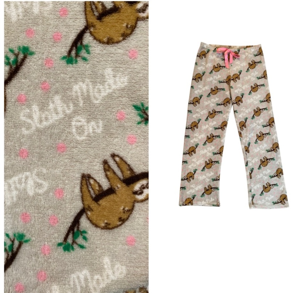 Bobbie Brooks sloth-patterned fleece pajama pants. Says  “sloth mode on”